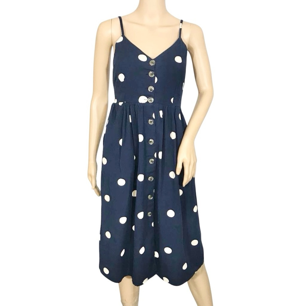 Japna Womens Small Polka Dot Linen Blend Midi Dress Cottagecore Croquet Smocked